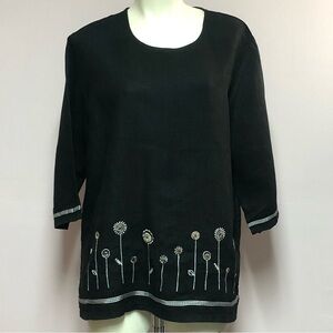 Primavera Black Linen 3/4 Sleeve Embroidered Flower Tunic Top Size Medium